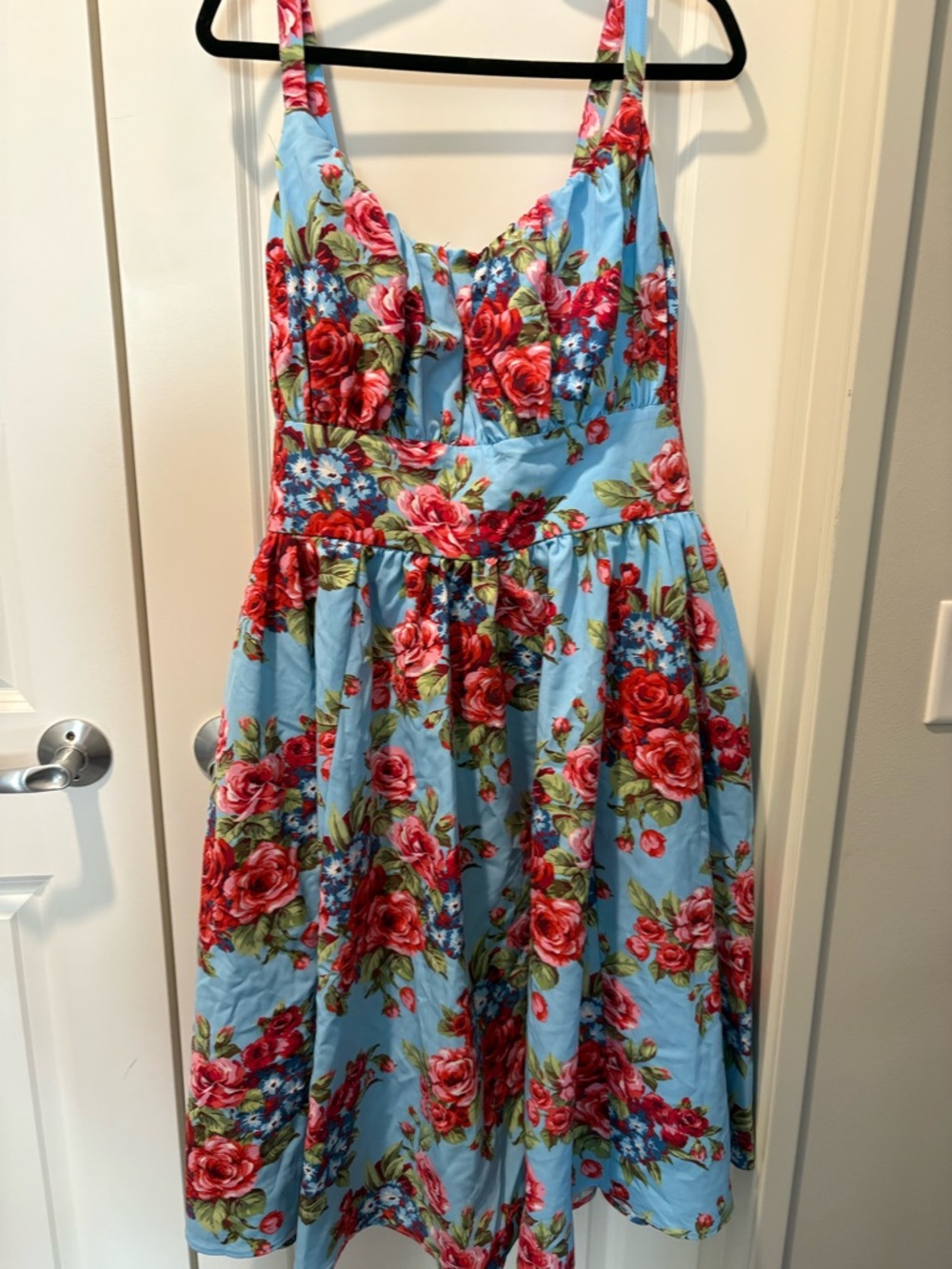 Vixen by Micheline Pitt Sky Blue Sundress with Red Rose Print